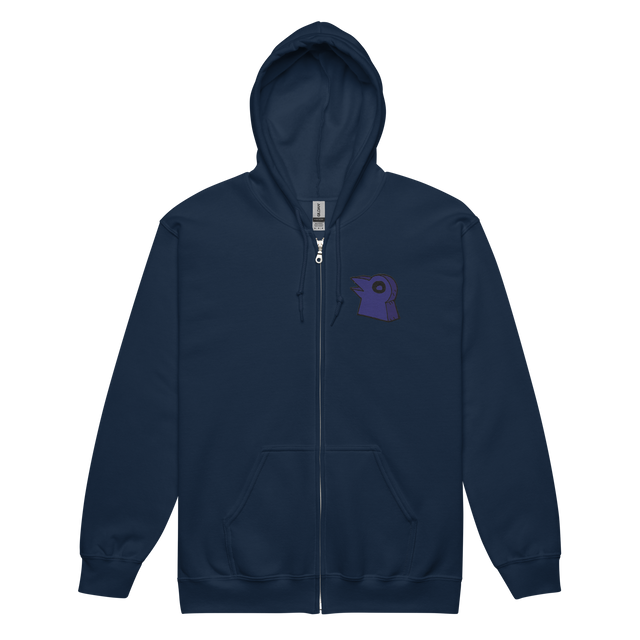 Navy zip hoodie with embroidered corvid conspiracy meeple on left chest