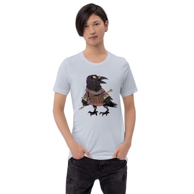 Light blue t-shirt with Corvid crow character print