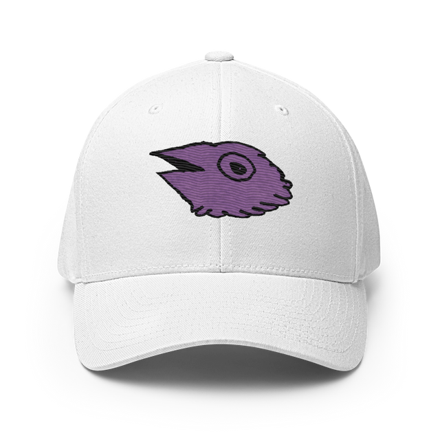 White baseball cap with embroidered Corvid Conspiracy VP symbol 