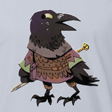 Detail photo of the Corvid screen print on silver t-shirt