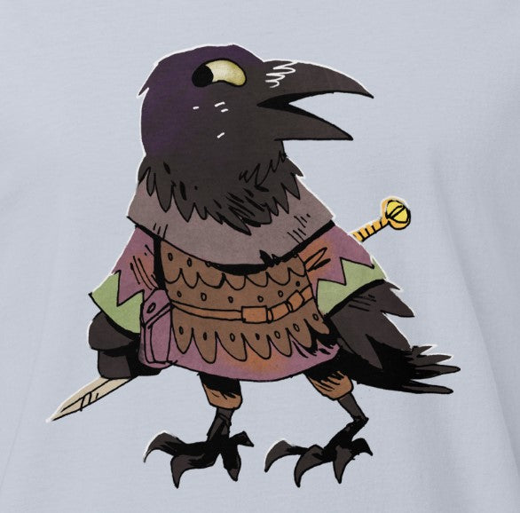 Detail photo of the Corvid screen print on silver t-shirt