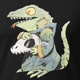 Close up of the print on our lizard cult tee, shown on dark grey heather