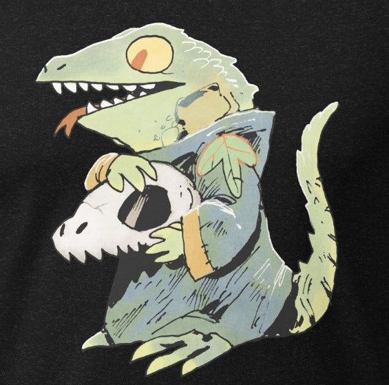 Close up of the print on our lizard cult tee, shown on dark grey heather