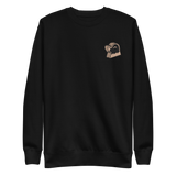Black crewneck sweatshirt with the Underground Duchy mole meeple embroidered on the left chest.