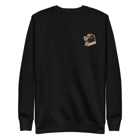 Black crewneck sweatshirt with the Underground Duchy mole meeple embroidered on the left chest.