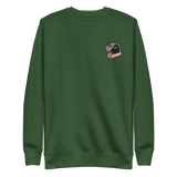 Green crewneck sweatshirt with the Underground Duchy meeple embroidered on the left chest