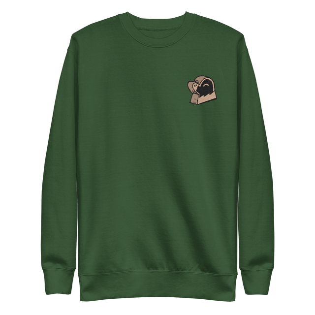 Green crewneck sweatshirt with the Underground Duchy meeple embroidered on the left chest