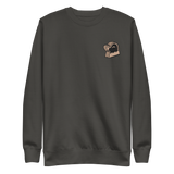 Grey crewneck sweatshirt with the Underground Duchy meeple embroidered on the left chest