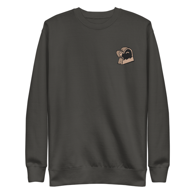 Grey crewneck sweatshirt with the Underground Duchy meeple embroidered on the left chest