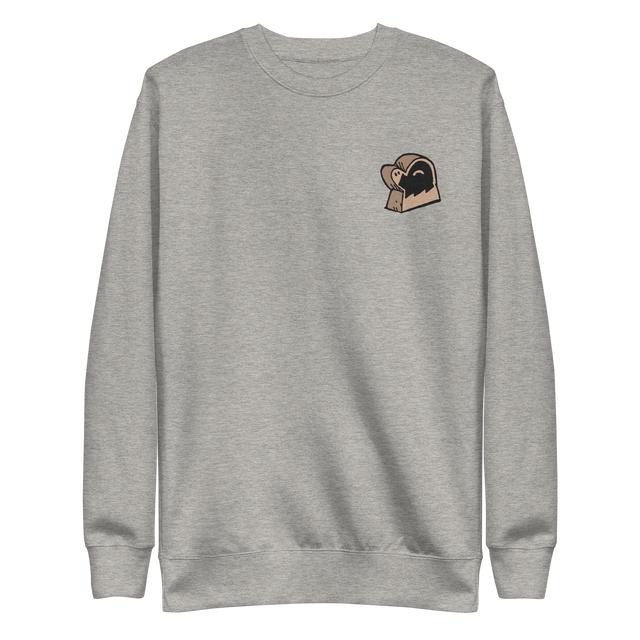 Light grey crewneck sweatshirt with the Underground Duchy meeple embroidered on the left chest