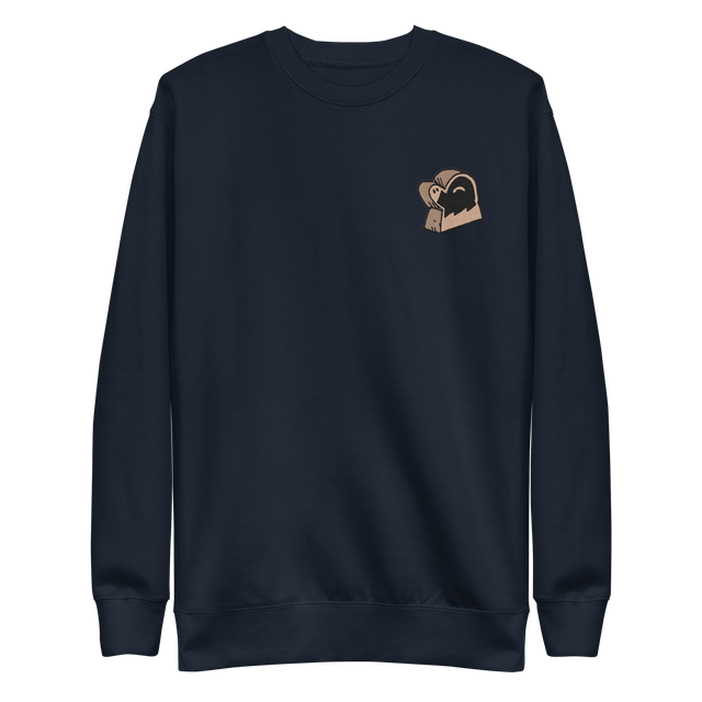 Navy crewneck sweatshirt with the Underground Duchy meeple embroidered on the left chest