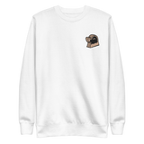 White crewneck sweatshirt with the Underground Duchy meeple embroidered on the left chest