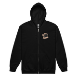 Black zip hoodie with Duchy meeple embroidered on left chest