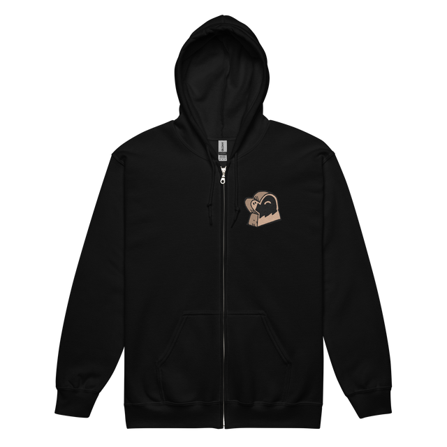 Black zip hoodie with Duchy meeple embroidered on left chest