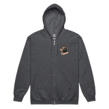 Dark grey heather zip hoodie with Duchy meeple embroidered on left chest