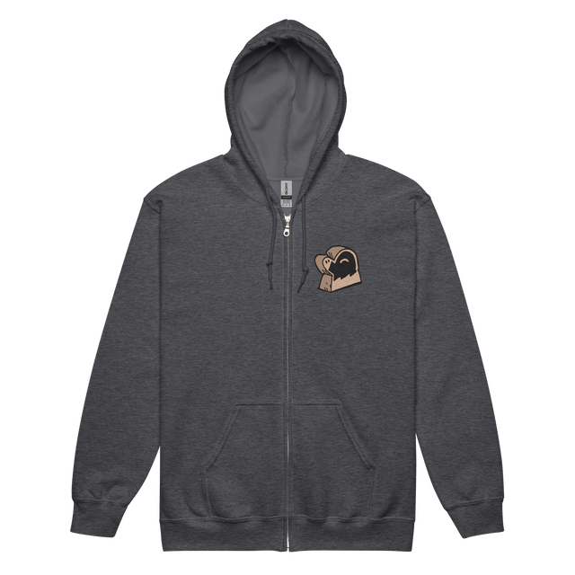 Dark grey heather zip hoodie with Duchy meeple embroidered on left chest