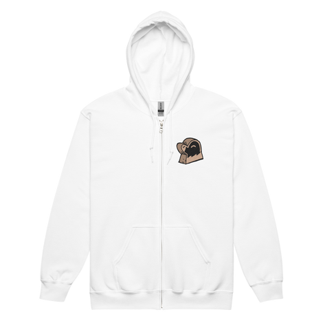 White zip hoodie with Duchy meeple embroidered on left chest