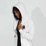 Model wearing White zip hoodie with Duchy meeple embroidered on left chest