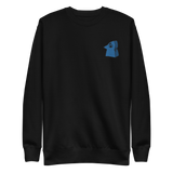Black crewneck sweatshirt with the Eyrie meeple embroidered on the left chest.