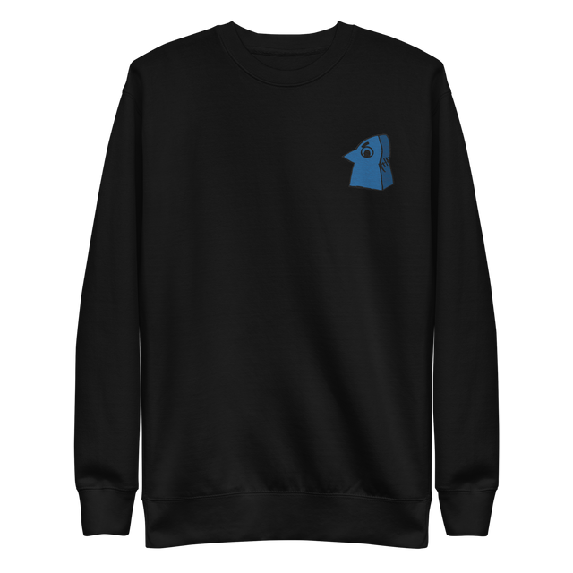 Black crewneck sweatshirt with the Eyrie meeple embroidered on the left chest.