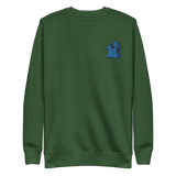 Green crewneck sweatshirt with the Eyrie meeple embroidered on the left chest.