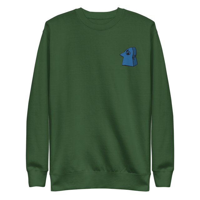 Green crewneck sweatshirt with the Eyrie meeple embroidered on the left chest.