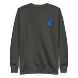 Grey crewneck sweatshirt with the Eyrie meeple embroidered on the left chest.