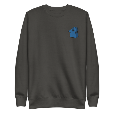Grey crewneck sweatshirt with the Eyrie meeple embroidered on the left chest.