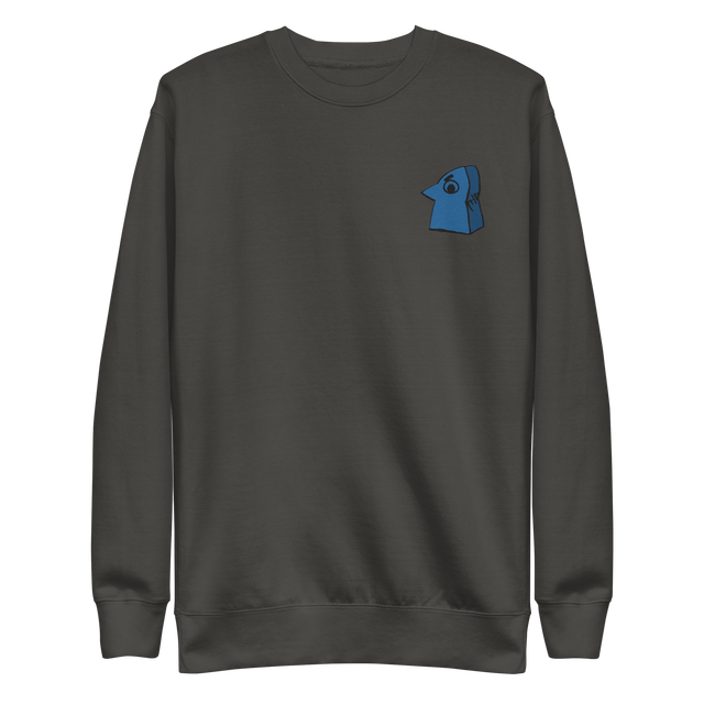 Grey crewneck sweatshirt with the Eyrie meeple embroidered on the left chest.