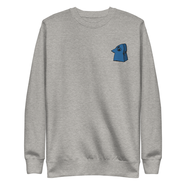 Light Grey crewneck sweatshirt with the Eyrie meeple embroidered on the left chest.