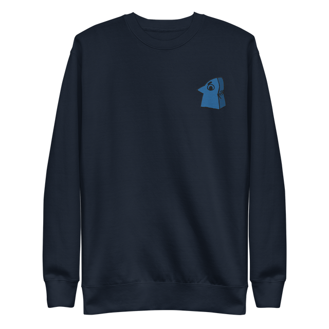 Navy crewneck sweatshirt with the Eyrie meeple embroidered on the left chest.