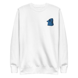 White crewneck sweatshirt with the Eyrie meeple embroidered on the left chest.