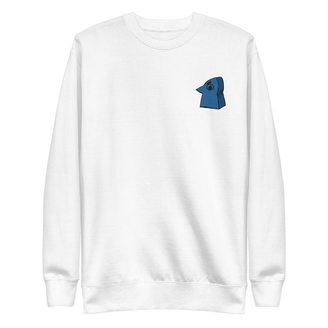 White crewneck sweatshirt with the Eyrie meeple embroidered on the left chest.