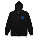 Black zip hoodie with Eyrie Meeple embroidered on left chest