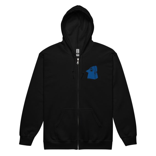 Black zip hoodie with Eyrie Meeple embroidered on left chest