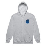 Light grey zip hoodie with Eyrie Meeple embroidered on left chest