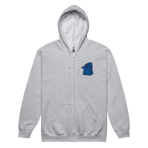 Light grey zip hoodie with Eyrie Meeple embroidered on left chest
