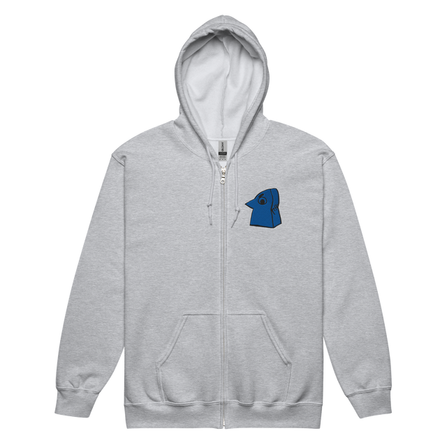Light grey zip hoodie with Eyrie Meeple embroidered on left chest