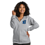 Model wearing Light grey zip hoodie with Eyrie Meeple embroidered on left chest