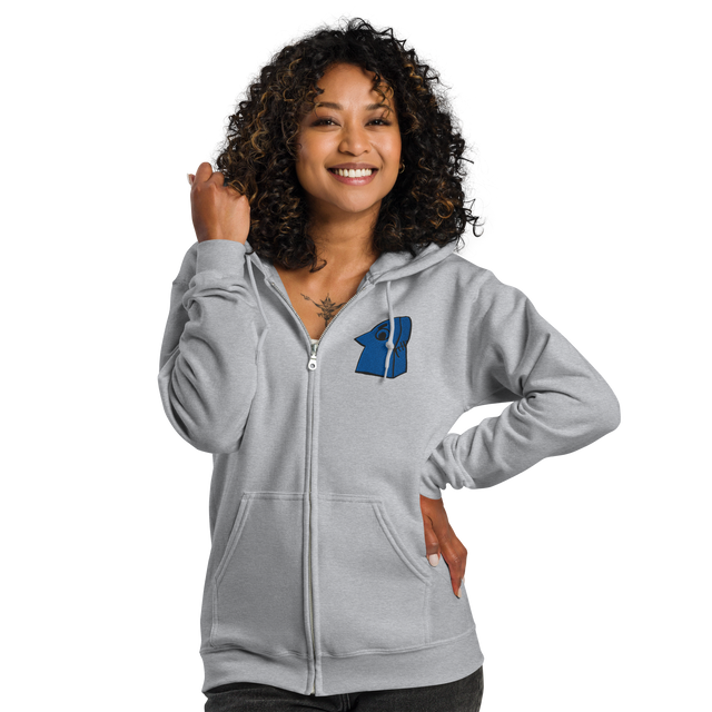 Model wearing Light grey zip hoodie with Eyrie Meeple embroidered on left chest