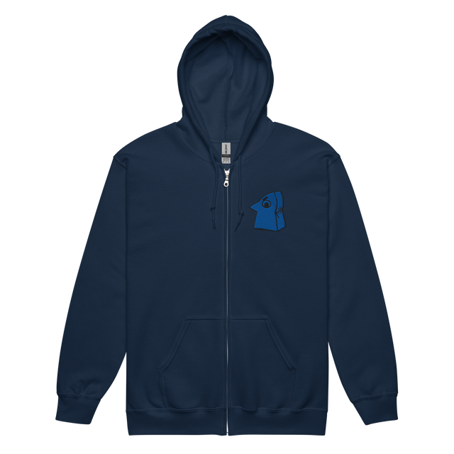 Navy zip hoodie with Eyrie Meeple embroidered on left chest