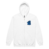 White zip hoodie with Eyrie Meeple embroidered on left chest