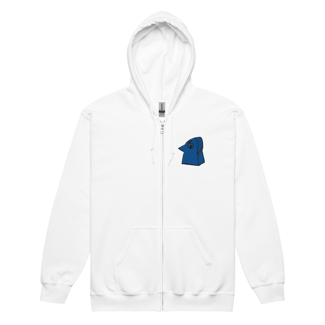 White zip hoodie with Eyrie Meeple embroidered on left chest