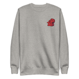 Light grey crewneck sweatshirt with the Lord of the Hundreds meeple embroidered on the left chest
