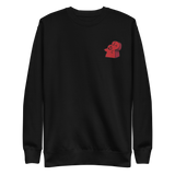 Black crewneck sweatshirt with the Lord of the Hundreds meeple embroidered on the left chest