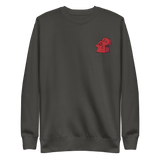 Grey crewneck sweatshirt with the Lord of the Hundreds meeple embroidered on the left chest