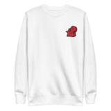 White crewneck sweatshirt with the Lord of the Hundreds meeple embroidered on the left chest