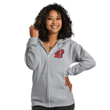 Model wearing Light grey hoodie with Lord of the Hundreds meeple embroidered on left chest