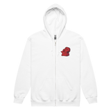 White hoodie with Lord of the Hundreds meeple embroidered on left chest