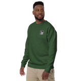 Model wearing a Green crewneck sweatshirt with the Keepers in Iron meeple embroidered on the left chest